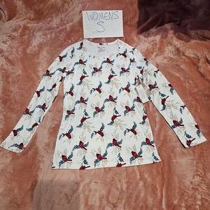 Womens S White Stag Cardinal Floral Metallic Print Long Sleeve Graphic Tee NWT